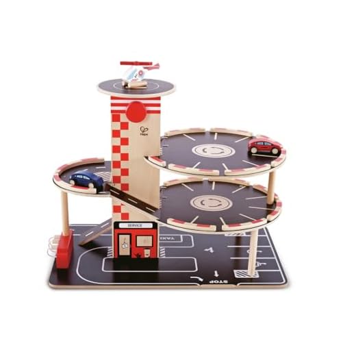 Sustainable Wood Toy Car, Toys For Kids, Hape “Park And Go” Garage Set With 4 Levels, 1 Lift, 2 Toy Cars, 1 Toy Helicopter. 3 years +