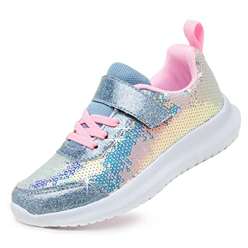 Toandon Girls Kids Sneakers Sequins Sparkle Shoes Breathable Lightweight Elastic Band Athletic Sport Running Walking Fashion Child Strap Non Slip Hook and Loop Closure Sneakers Pink Blue Size 10