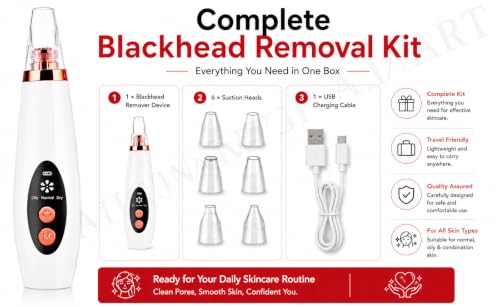 Image of AJIGNA MART 6-in-1 Blackhead Remover Vacuum, Rechargeable Deep Pore Cleaner with 6 Suction Heads, Facial Pore Cleaning Device for Blackheads, Acne, Whiteheads, Oil Control & Smooth Clear Skin