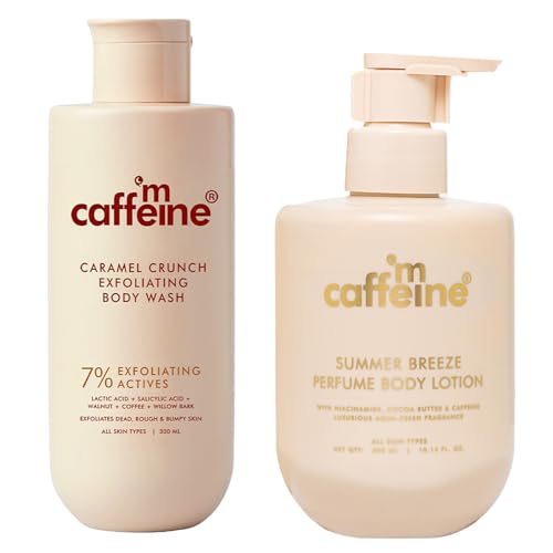 mCaffeine Exfoliating Body Wash & Summer Fresh Body Care Duo | 7% Actives Caramel Body Wash 300ml & Summer Breeze Perfume Body Lotion 300ml | Lactic A