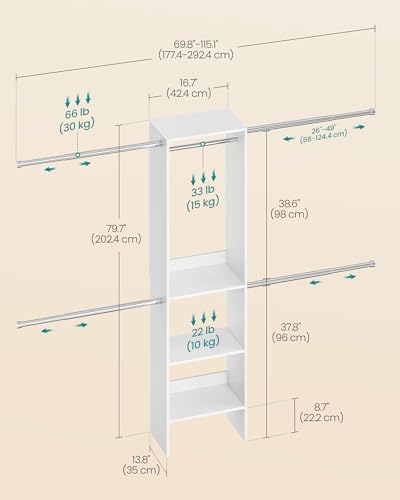 Image of SONGMICS Closet System, Customizable Walk-In Closet Organizer System with Adjustable Hanging Rods and Storage Shelves, White, Fits Spaces 4-9.6 ft URGR040WZ01S