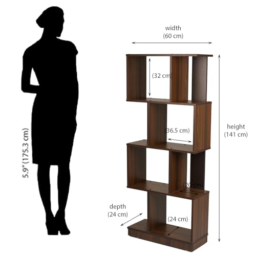 Image of Nilkamal Checkers Neo 4 Tier Engineered Wood Open Book Shelf|1 Year Warranty |Book Cabinet, Book Storage|for Living Room, Office, Library|Walnut