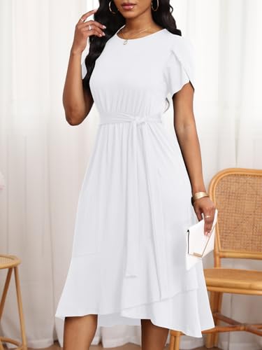 Image of PerZeal Women's Summer Dress Casual Ruffle Sleeve Crewneck A-Line Tiered Flowy Short Sleeve Long Dress with Belt