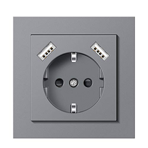 USB Steckdose Grau 3.4A Unterputz System 55 Steckdose mit USB Anschluss und Rahmen Schutzkontakt-Steckdose Wandsteckdose für Smartphone MP3