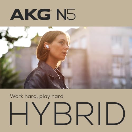 AKG N5 Hybrid TWS Casque – Son cristallin sans Fil, True Adaptive Noise Cancelling, Qualité d'appel certifiée Zoom, Autonomie de 40h, Protection IP54, Bluetooth, USB-C, Blanc