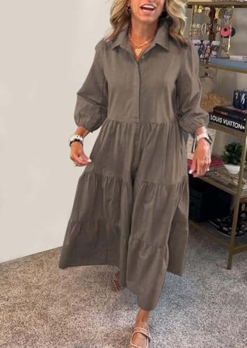 Image of chouyatou Women's Loose Fit Puff Sleeve Maxi Tiered Babydoll Dress V-Neck Cotton Long Button Down Dress