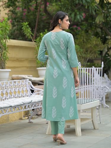 Image of Divena Teal Green Cotton Pintuck Design Kurta pant set with Dupatta