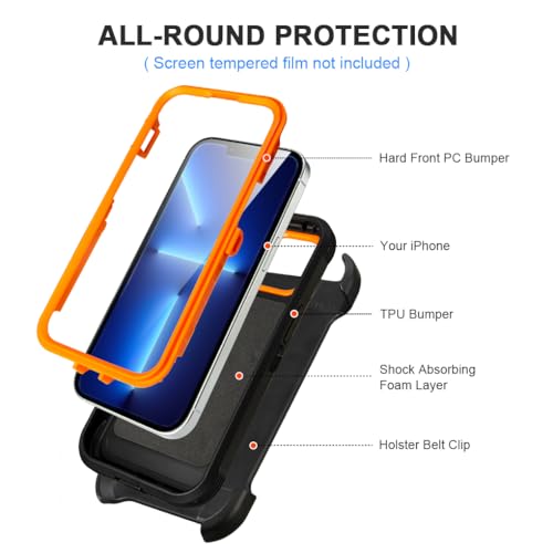 Yowtrey for iPhone 13 Pro Max Case with Clip Belt Holster, Heavy Duty Military Grade Drop Protective Case for iPhone 13 Pro Max 6.7" case (Black+Orange) by yowtrey - Image 6