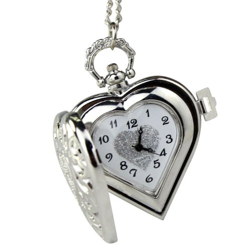 Générique Pendentif Montre Vintage Médaillon Style Poche Collier Coeur Montre Femme Montre pour Non Voyant (Silver-2, One Size)