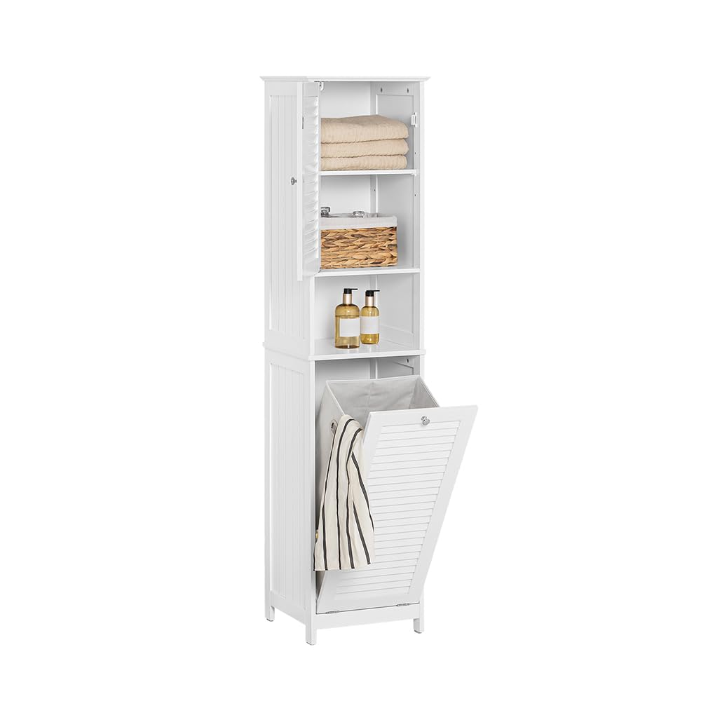 SoBuy Mobile Bagno Salvaspazio con Portabiancheria Armadietto Bagno Alto e Stretto per Ambienti Compatti, Mobiletto con Ripiani, Mobile Lavanderia Bianco 40x170x38 cm BZR124-W