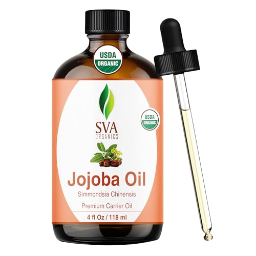 Image of SVA Organic Jojoba Seed Carrier Oil with Dropper, 4 Fl Oz (118 ml) | Jojoba Oil for Skin Care, Facial Oil, Hair Care, Scalp Massage, Nail Care, Body Massage & DIY Beauty Blends, Glass Bottle