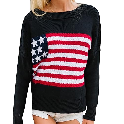 Image of KMBANGI Women American Flag Sweater Graphic Loose Vintage Long Sleeve Crewneck Knitted Jumper Top Patriotic Pullover