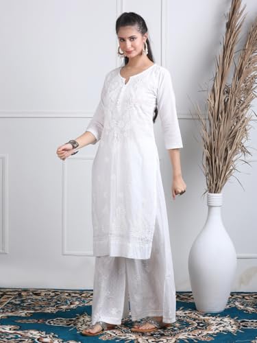 Image of Women's Lucknowi Chikankari Handwork Cotton Kurti, Palazzo and Dupatta Set