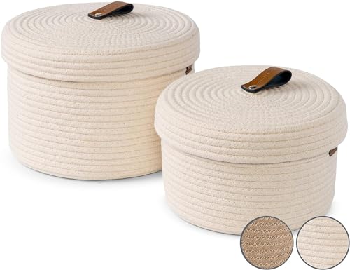 Image of DENJA & CO Set of 2 Decorative Storage Baskets with Lids - Round Woven Baskets for Home Decor and Organizing - Small Shelf Baskets with Leather Tabs and Handles - Decorative Storage and Organizer Bins