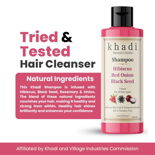 Image of Khadi Hibiscus Onion Black Seed Shampoo | Reduces Hair Fall & Strengthens Roots | Khadi Natural Shampoo for Women & Men | Sulfate, SLS & Paraben Free 210 ml