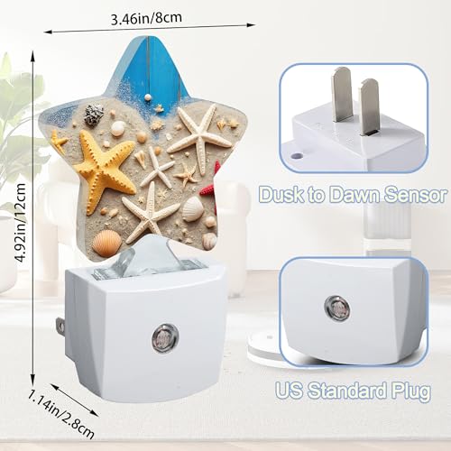 Image of Coastal Seashell Starfish Night Lights Plug Into Wall,Blue Wooden Star Night Light for Kids,Nightlight with Dusk to Dawn Smart Sensor for Bedroom Bathroom Decor,Children Women Men Gift