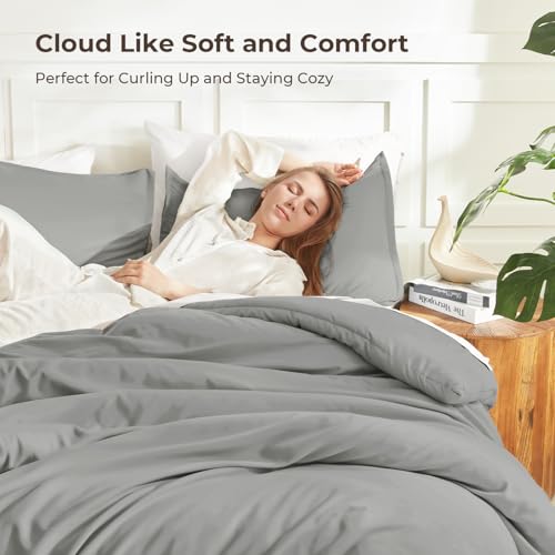 Image of Litanika Comforters Medium Gray Queen Size, 3 Pieces Lightweight Solid Bedding Set & Collections, All Season Fluffy Bed Set (90x90In Comforter & 2 Pillowcases)