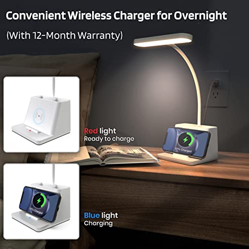 Tapwak Small Desk Lamp with Wireless Charger, White Gooseneck Desktop