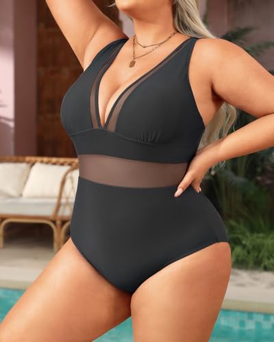 Image of Aqua Eve Womens Plus Size One Piece Swimsuit- Tummy Control Bathing Suit Full Coverage Swimwear Mesh-Black 24W