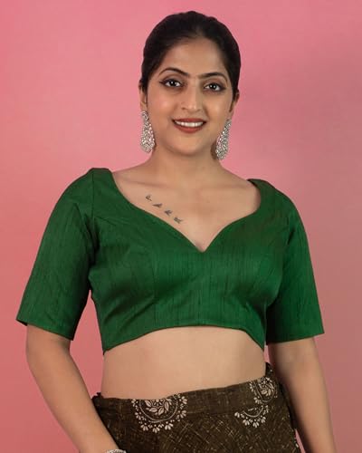 Image of FIGURE'S DESIGNER Women's Dupion Raw Silk Half Elbow Sleeves Sweetheart V Neck Sabyasachi Cut Readymade Saree Blouse S10