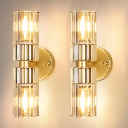 Image of Crystal Wall Sconces Set of Two, 13'' Modern Brass Sconces Lighting with K9 Crystal Lampshade, Indoor Large Brass Wall Light Fixtures for Living Room Bathroom Hallway Stairs Bedroom