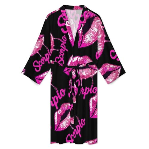 Scorpio Zodiac Birthday Pink Lips Men's Bathrobes Long Sleeve Loungewear Soft Sleepwear V Neck Nightgown2