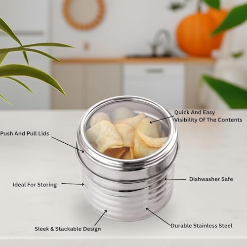 Image of Sizzle Roxy Stainless Steel Container Set with See Through Lid, Multipurpose Kitchen Storage Dabba for Sugar, Snacks, Dry Fruits, Namkeen | Leak-Proof Food Storage Organizer |800ML - 2 pcs