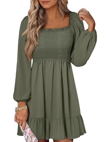 ANRABESS Womens Long Lantern Sleeve Square Neck Dress Smocked Tiered High Waist Ruffle Flowy Swing 2026 Spring Short Dresses Army Green Large