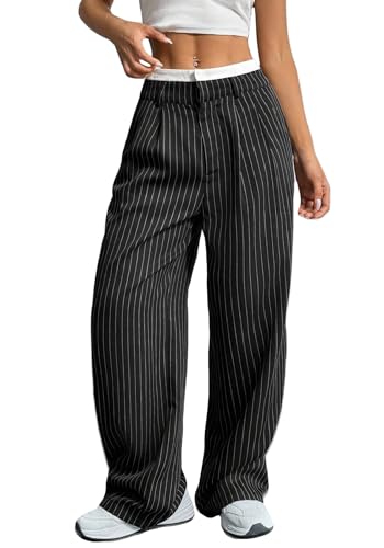 LKOUS Dress Pants Women High Waist,Casual Work Wide Leg Pant Striped Straight Trousers with Pockets