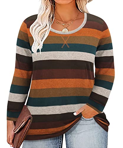 Image of CARCOS Plus Size Tops for Women Color Block Flower /Striped /Camo Crew Neck Long Sleeve Tee Shirt