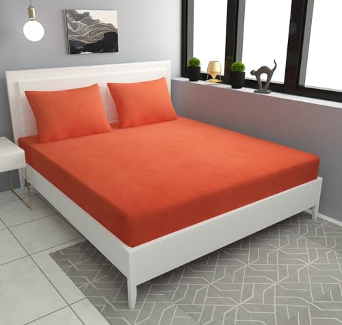 Image of Sands 300TC Luxurious Bedsheets for Winter, Heavy Velvet Bedsheets, King Size Fitted Warm Double Bedsheet, 72 x 78 x 10 inches, with 2 Pillow Covers, Zipper Closer (Orange)