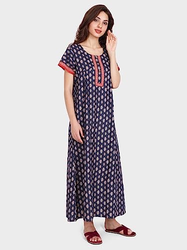 Image of Evolove Women's Cotton Long Maxi Night Gown Nighty Dress with Pocket & Stylish Button, Super Soft Comfortable (LNG-Button)
