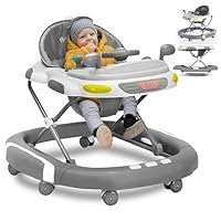 2 in 1 Foldable Baby Walker & Rocker - Multifunctional with 4 Adjustable Heights, Removable Feeding Tray, Music & Silent Wheels - Baby Walker for Boys & Girls 6 Months+ (Grey)