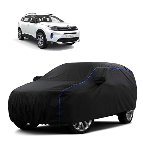 Image of Sulfar 100% Water Resistant Car Body Cover Compatible with Mirror for CITROEN C5 AIRCROSS SUV (Triple Stitched, Full Bottom Elastic, Black Tafetta with Blue Piping)