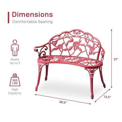 Image of VINGLI 38.5 inch Patio Park Garden Outdoor Metal Rose Bench, 2-Person Cast Iron Cast Aluminium Frame Antique Finish Chair,Accented Lawn Front Porch Path Yard Decor Deck Furniture (Red, Rose)
