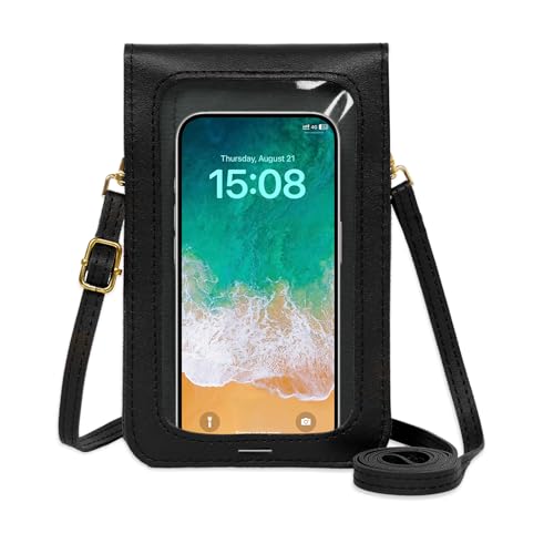 Toptime Bolsas transversais pequenas para mulheres, bolsa de couro para celular com alça ajustável, bolsa de mão para viagens de compras, Preto, 9.1 x 2.2 x 6.3 inches