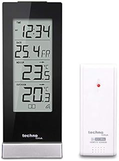 Technoline WS 9767 Wetterstation mit Funkuhr, Innen- und Außentemperaturanzeige, hochglanz, schwarz, 6,4 x 4,5 x 16,5 cm