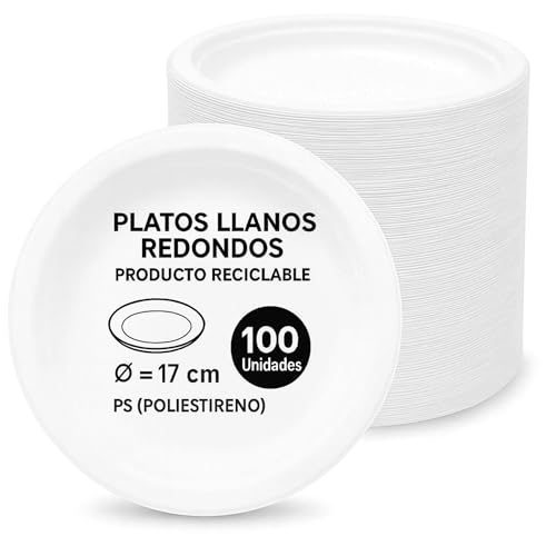 Platos de plástico blancos reutilizables, Plato de plástico llano redondo, apto para alimentos calientes, Platos extra resistentes, Norma UNE-EN-12875-1, Diseño llano diámetro 17 cm, 100 unidades