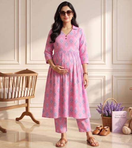 Image of DUMMY SHAPE Maternity Dresses for Women Cotton | Floral Kurta Pant Dupatta Set with Nursing Zippers, Side Pocket | Pre & Post Pregnancy | Feeding Kurti Suit | Baby Shower | Gifts for Pregnant Woman