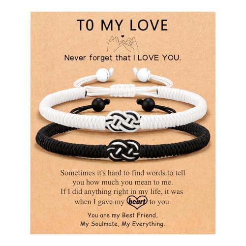PINKDODO Couples Gifts, Matching Long Distance Relationship Couples Bracelets, I Love You Bracelet Valentines Brithday Christmas Thing Gifts Ideas for Boyfriend Girlfriend Women Men BF GF -  Q-Knot-BWhite-Love-02