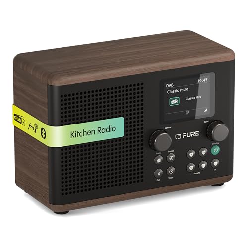 Pure Classic H4 Radio de Cuisine numérique (Dab+/FM, Bluetooth, USB, AUX, minuterie de Cuisine, Alarme), Noir Café/Noyer