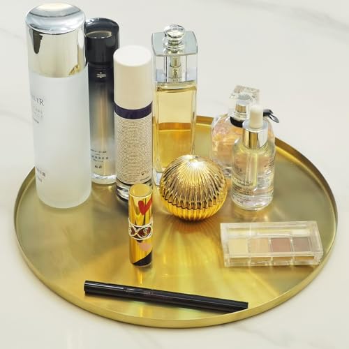 FREELOVE Gold Tray, Round Brass Serving Platter, Bar Circle Decorative Plate, Coffee Table Metal Decor Dishes, Brushed Hammered Coasters, Counter Bathroom Kitchen Dessert Cart Display Food, 12 inch - Image 7