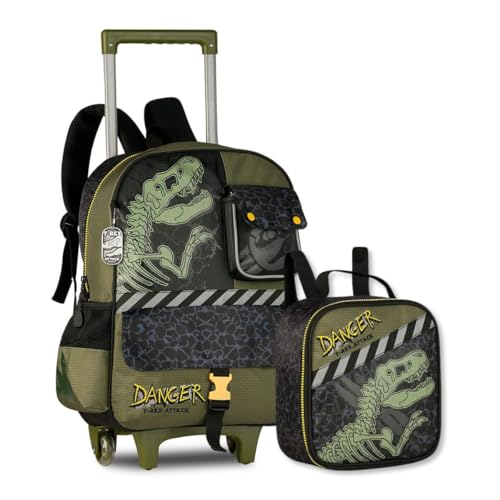 Kit Mochila Carrinho com Lancheira Térmica Escolar Infantil Dinossauro T-Rex