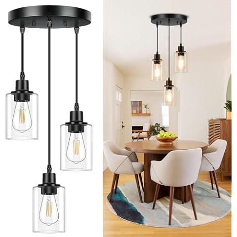 Licperron 3-Light Pendant Light Fixtures, Black Pendant Lights Kitchen Island, Adjustable Pendant Lighting with Clear Glass Shade, Modern Hanging Light Fixtures for Dining Room, Hallway, Living Room Cover