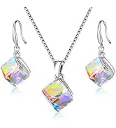 Uloveido Girl's Square Cube Authentic Austrian Crystal Hook Earrings and Rainbow Necklace Sets fo...