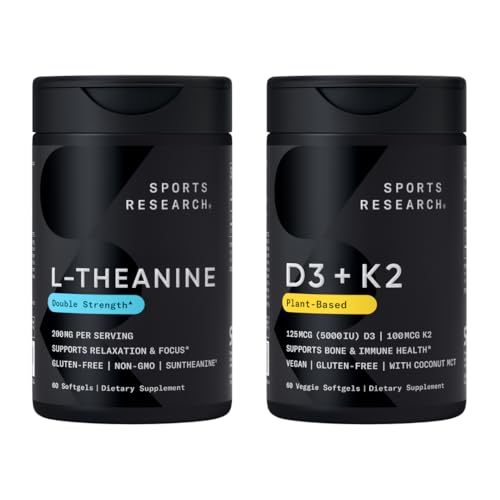 Sports Research® - Double Strength L-Theanine Supplement 200mg + Vegan D3 5000iu with Vitamin K2 100mg