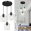 ROCUNSI 3-Lights Pendant Light Fixture, Hanging Light Fixture Kitchen Island, Black Pendant Lighting for Kitchen Bedroom Hallway, Dining Room Light Fixtures, E26 Base, Clear Glass Shade