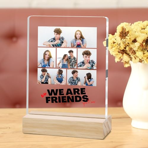 Image of Giftplease Customized Friends Plaque with Wooden Stand | Personalized Photo Frame with Quote | Best Friend Birthday Gift, Farewell Gift, Friendship Day Gift for BFF Keepsake Room Decor FR 09