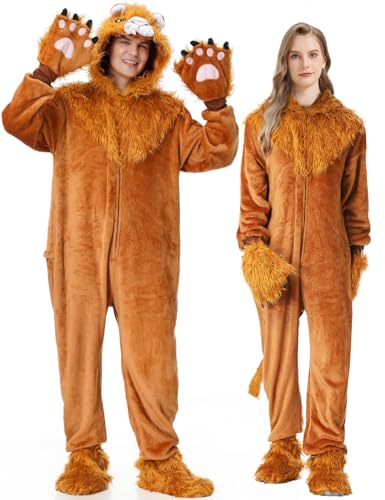 YuDanae Lion Costume Adult Animal Onepiece Unisex Lion Pajamas Halloween Party Onesie Cosplay Jumpsuit for Men Women (BrownYellow, Large)