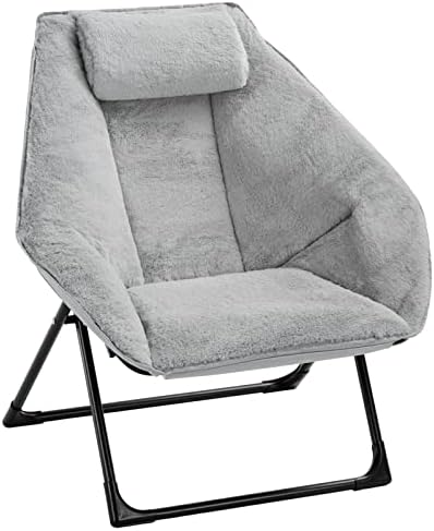 AcozyHom Suede Fabric Hexagon Moon Chair, Folding Lazy Chair with Thick Cushion and Metal Frame, Accent Lounge Lazy Chair, Leisure Padded Seat for Living Room, Balcony, Bedroom, Office, Grey